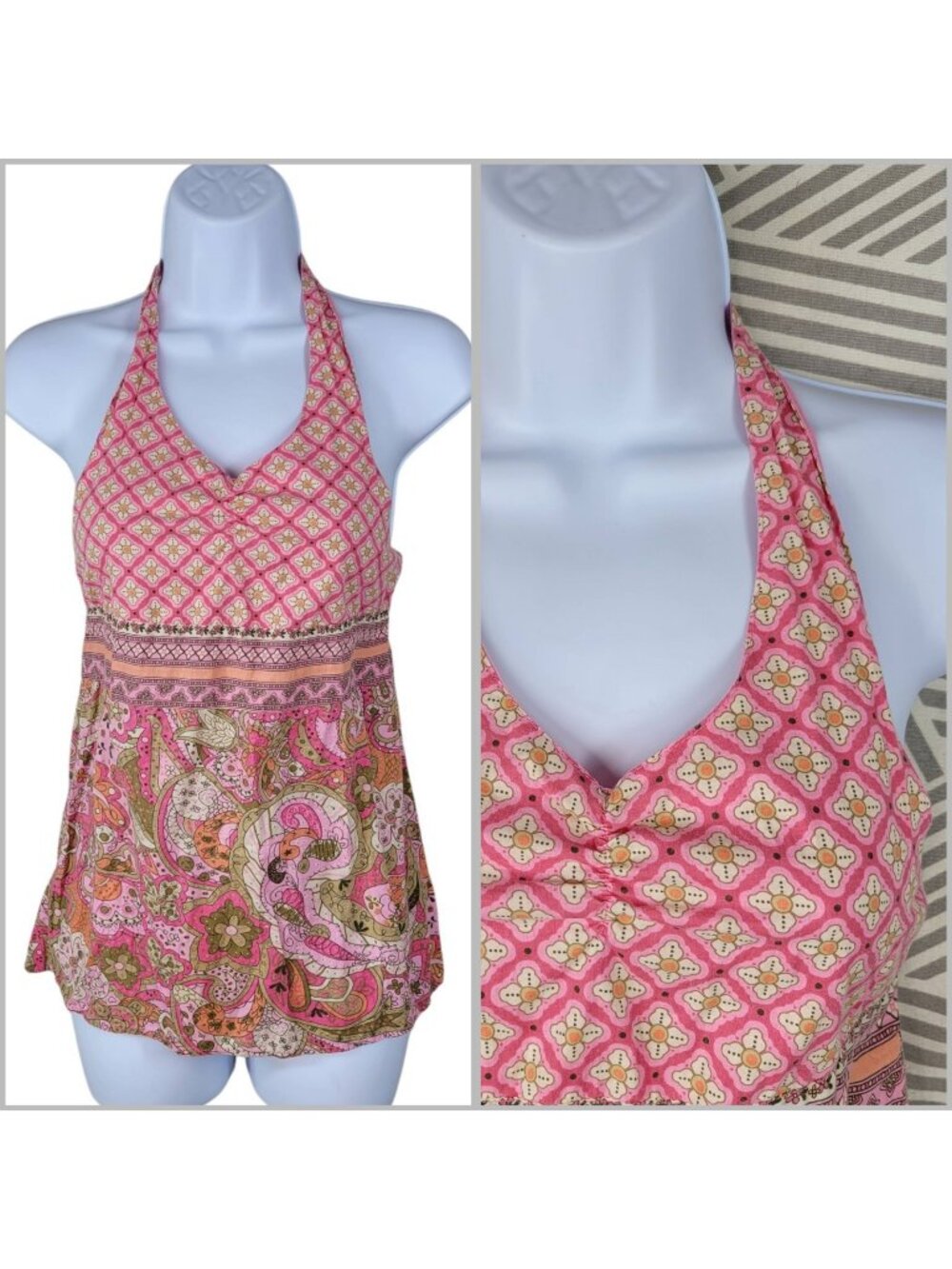 Halter Babydoll Cami Top Large Coquette Y2K alt Vintage Flare Pink Floral Tank